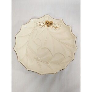 Vintage 1978 Holland Mold Ceramic Holly Leaf Pedestal Candy Dish Gold Trim 8.5in